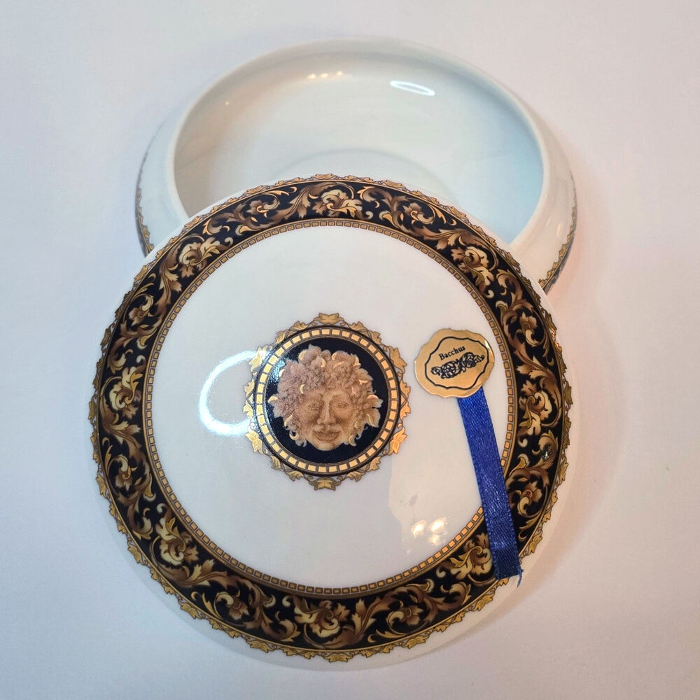 T. Limoges Bacchus Covered Dish Gilt Round Designed in France White Gold Black